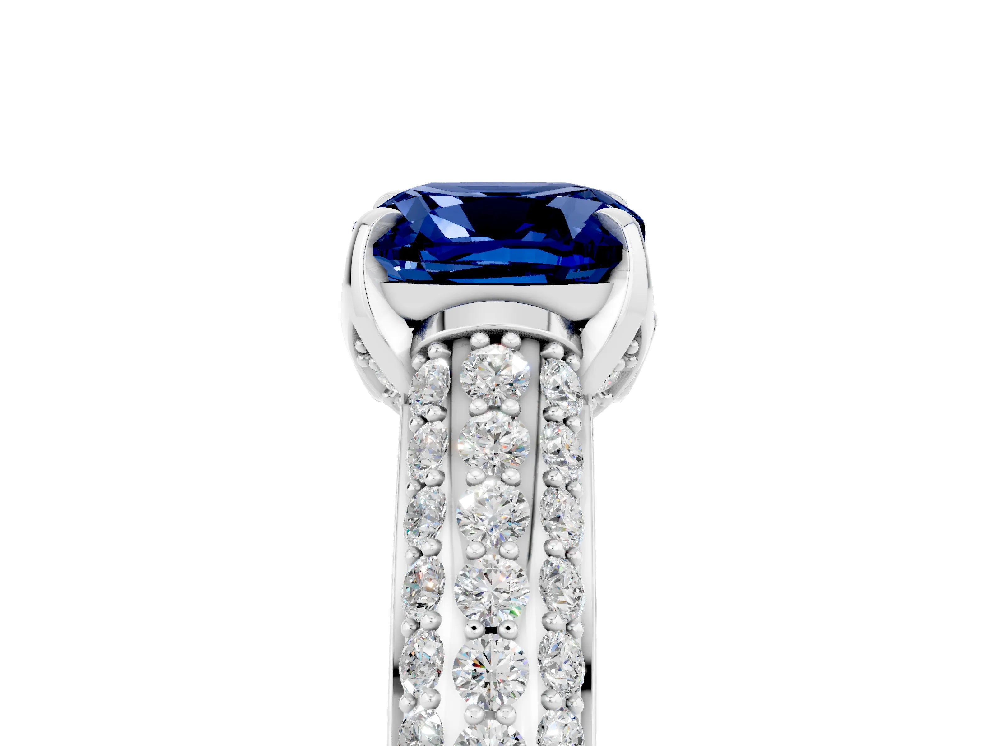 White gold Cushion Cut Blue Sapphire Solitaire Ring with Three-Row Pavé Band and Four-Prong Setting_17