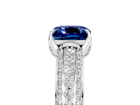 White gold Cushion Cut Blue Sapphire Solitaire Ring with Three-Row Pavé Band and Four-Prong Setting_17
