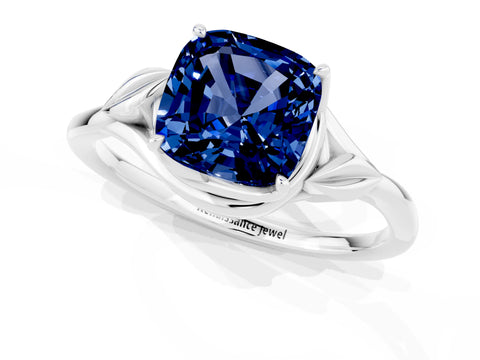 White gold Cushion Cut Blue Sapphire Solitaire Ring with Twist Band and Four-Prong Setting_13