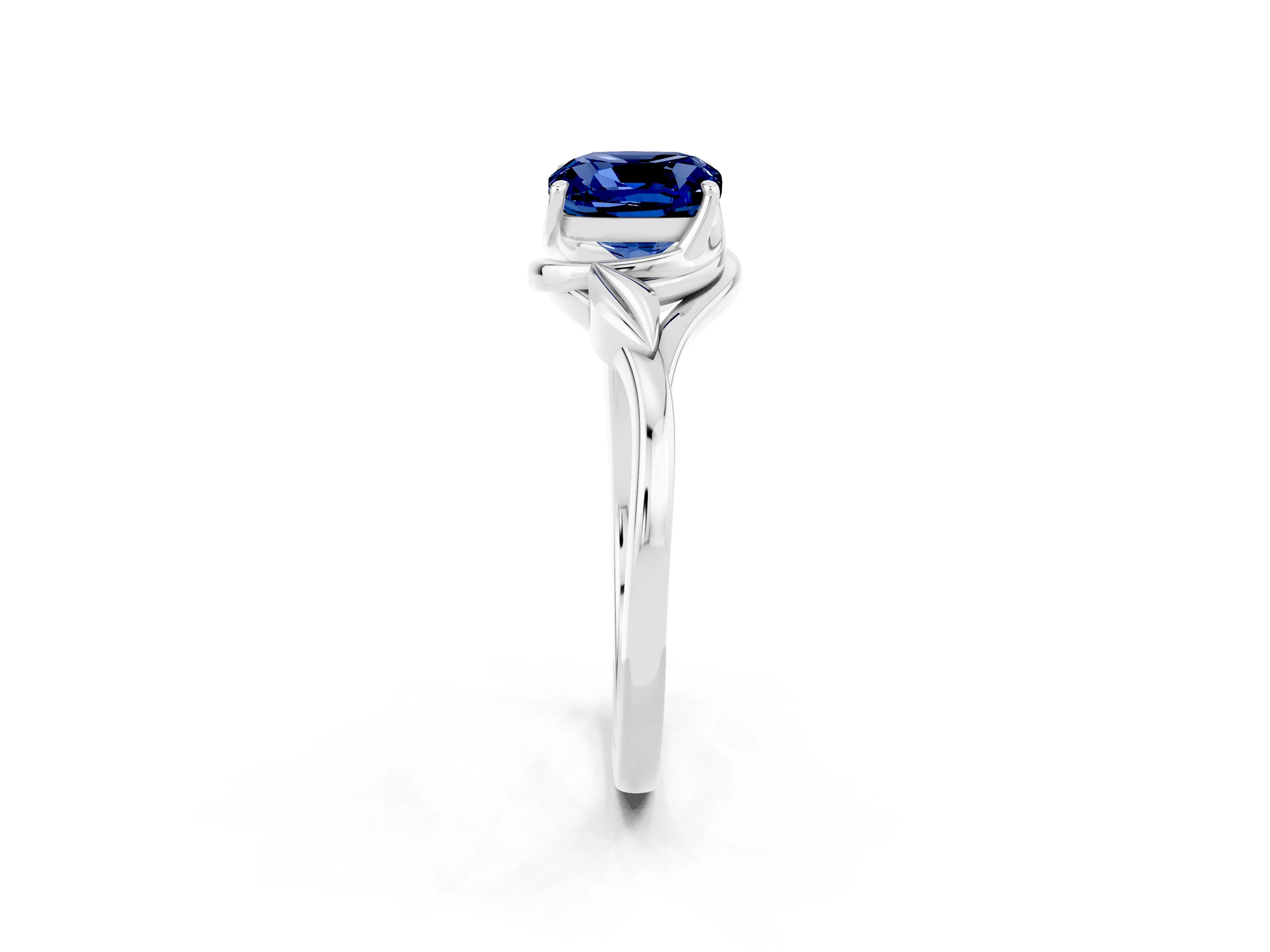 White gold Cushion Cut Blue Sapphire Solitaire Ring with Twist Band and Four-Prong Setting_14
