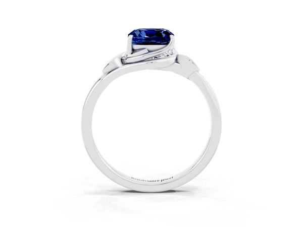 Silver Cushion Cut Blue Sapphire Solitaire Ring with Twist Band and Four-Prong Setting