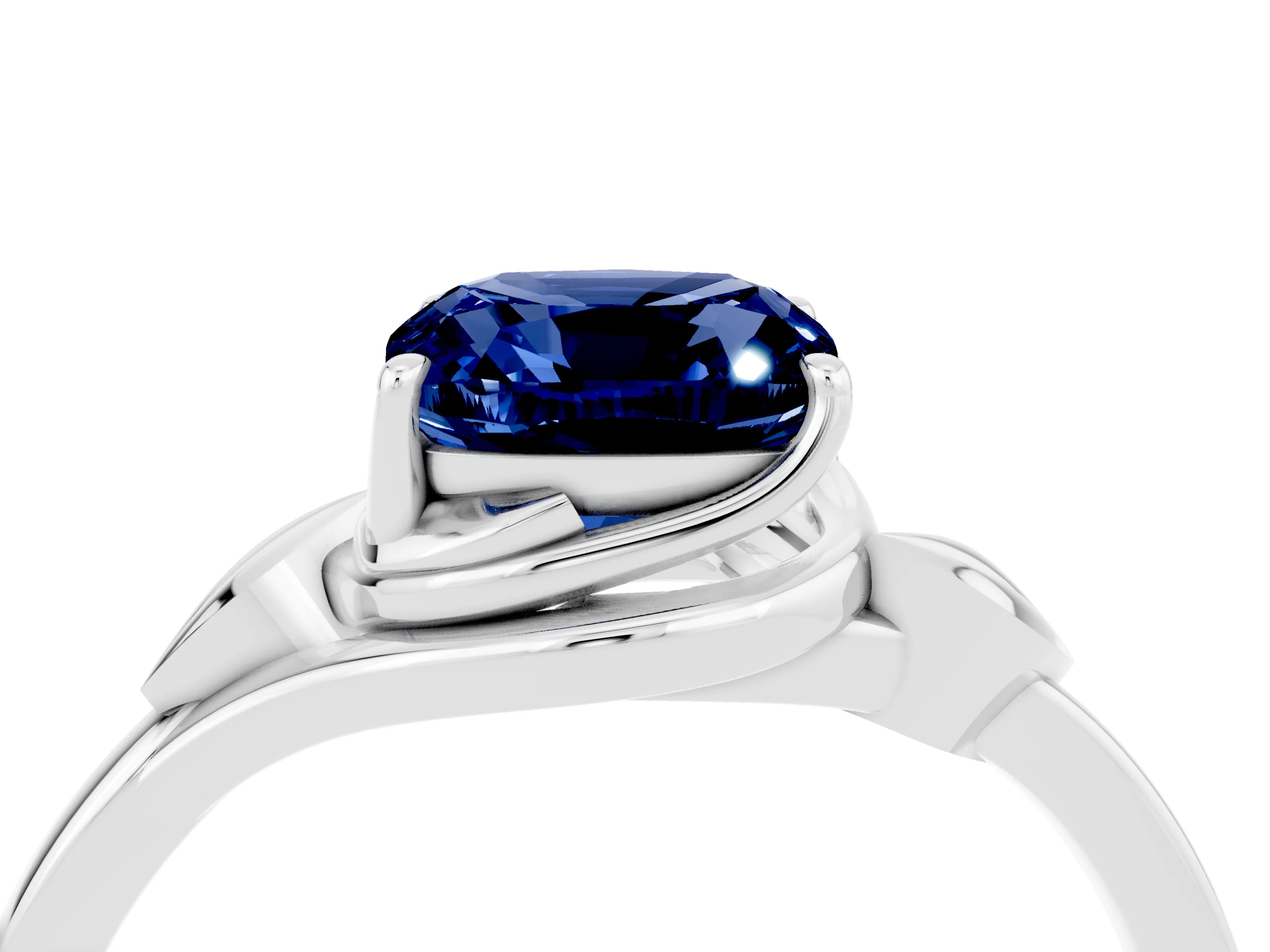White gold Cushion Cut Blue Sapphire Solitaire Ring with Twist Band and Four-Prong Setting_16
