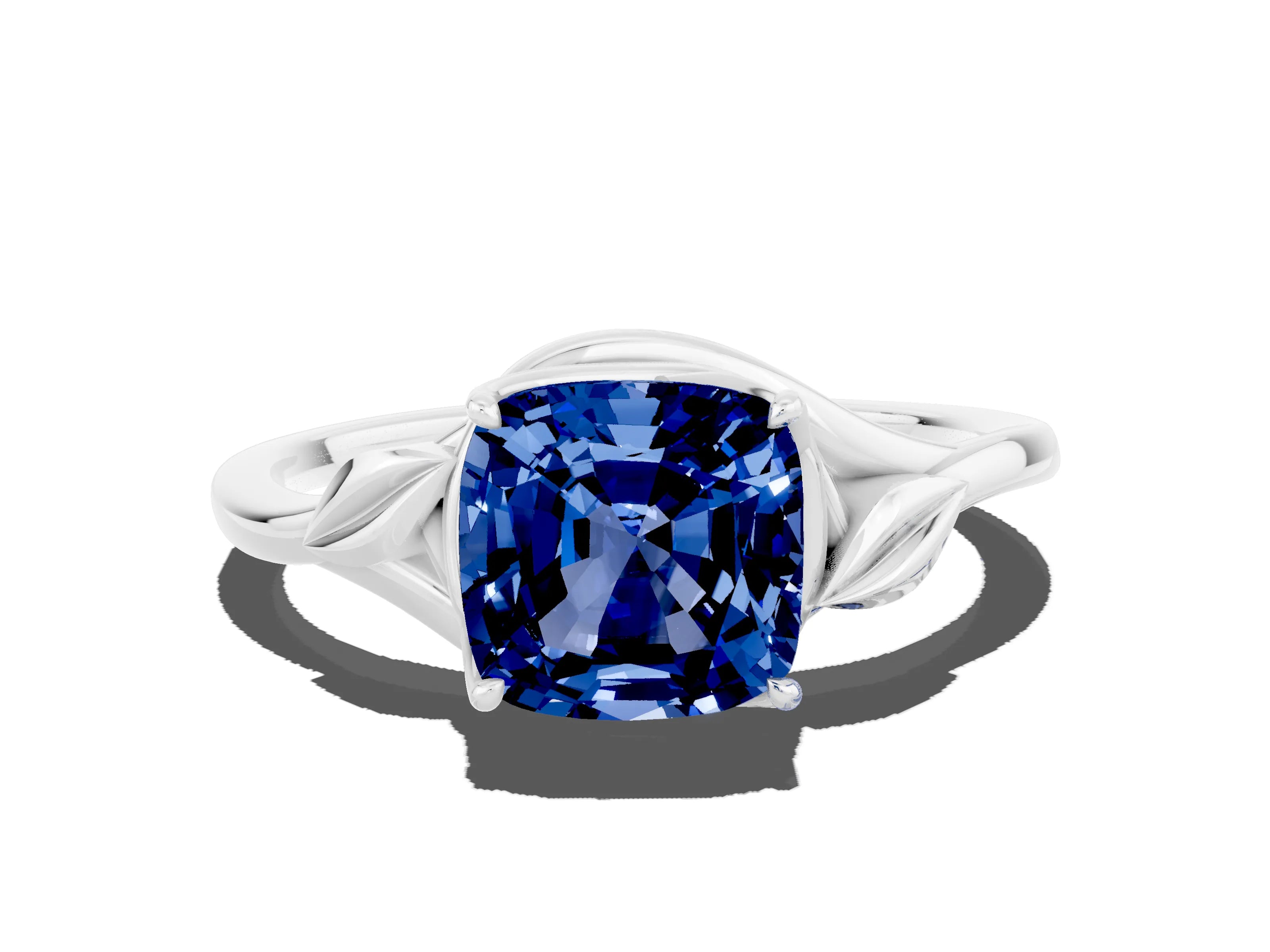 White gold Cushion Cut Blue Sapphire Solitaire Ring with Twist Band and Four-Prong Setting_36