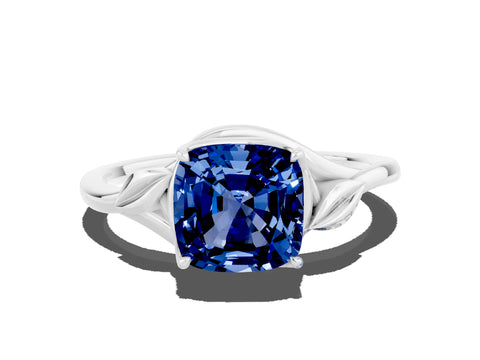 White gold Cushion Cut Blue Sapphire Solitaire Ring with Twist Band and Four-Prong Setting_36