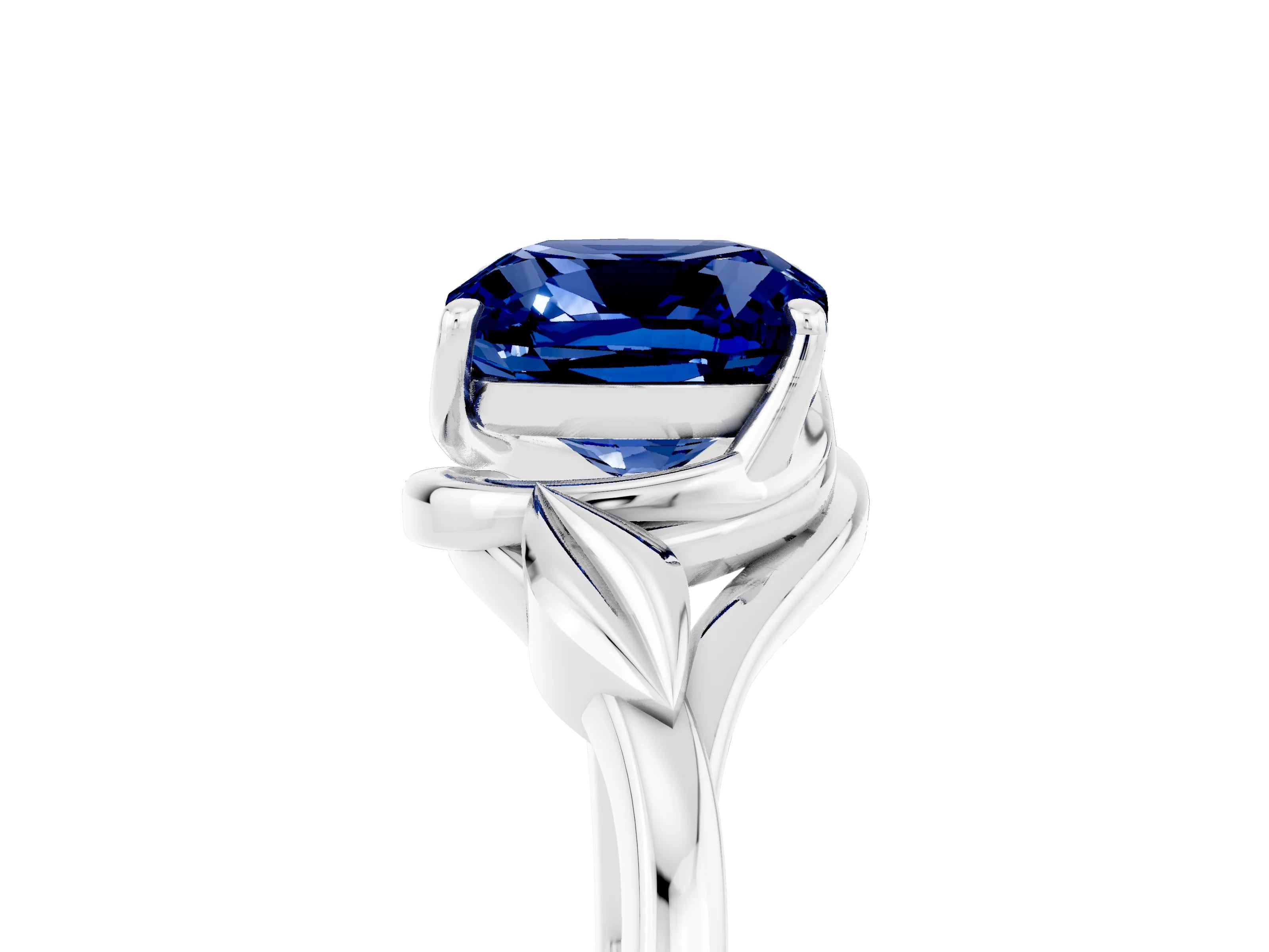 White gold Cushion Cut Blue Sapphire Solitaire Ring with Twist Band and Four-Prong Setting_41