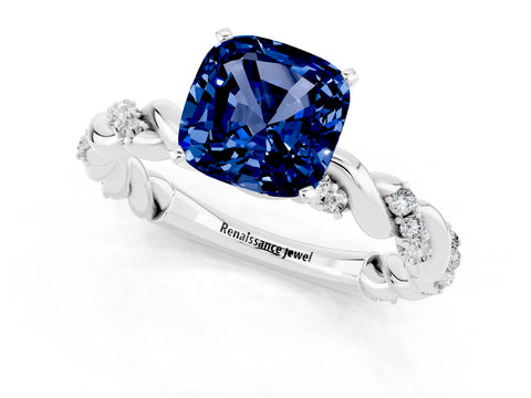 White gold Cushion Cut Blue Sapphire Solitaire Ring with Twisted Band and Pavé Accents_1