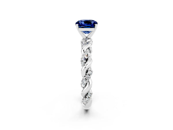 White gold Cushion Cut Blue Sapphire Solitaire Ring with Twisted Band and Pavé Accents