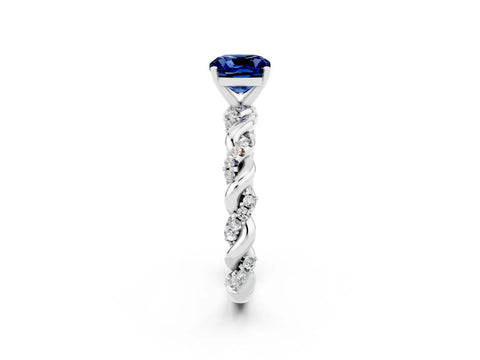 White gold Cushion Cut Blue Sapphire Solitaire Ring with Twisted Band and Pavé Accents_2