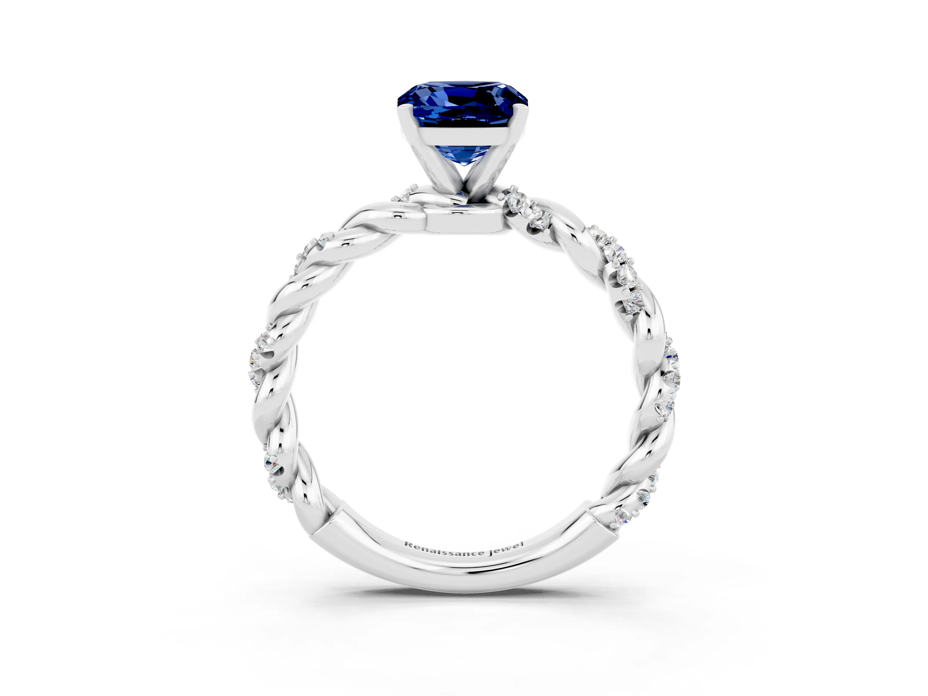White gold Cushion Cut Blue Sapphire Solitaire Ring with Twisted Band and Pavé Accents_3