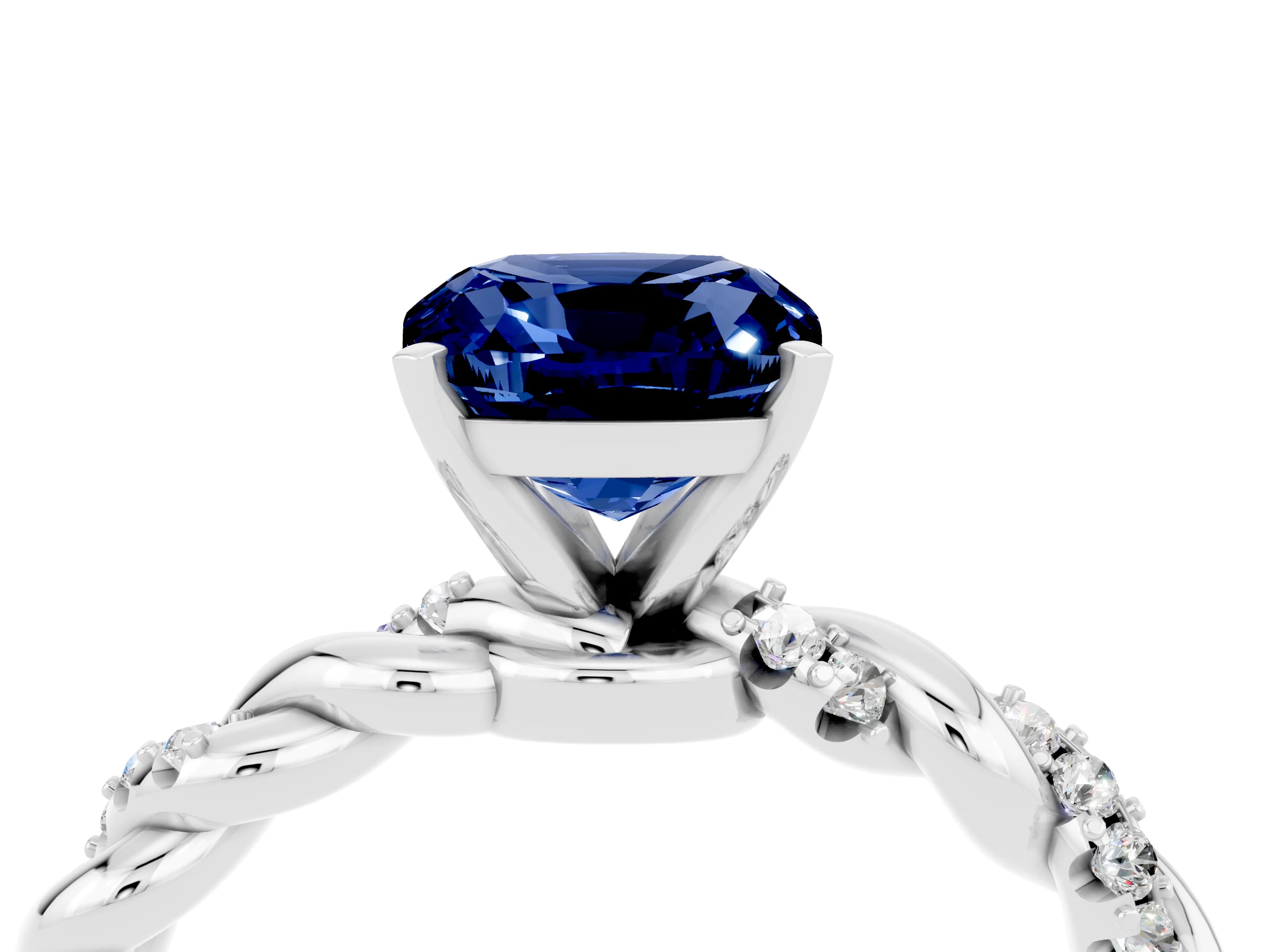 White gold Cushion Cut Blue Sapphire Solitaire Ring with Twisted Band and Pavé Accents_4
