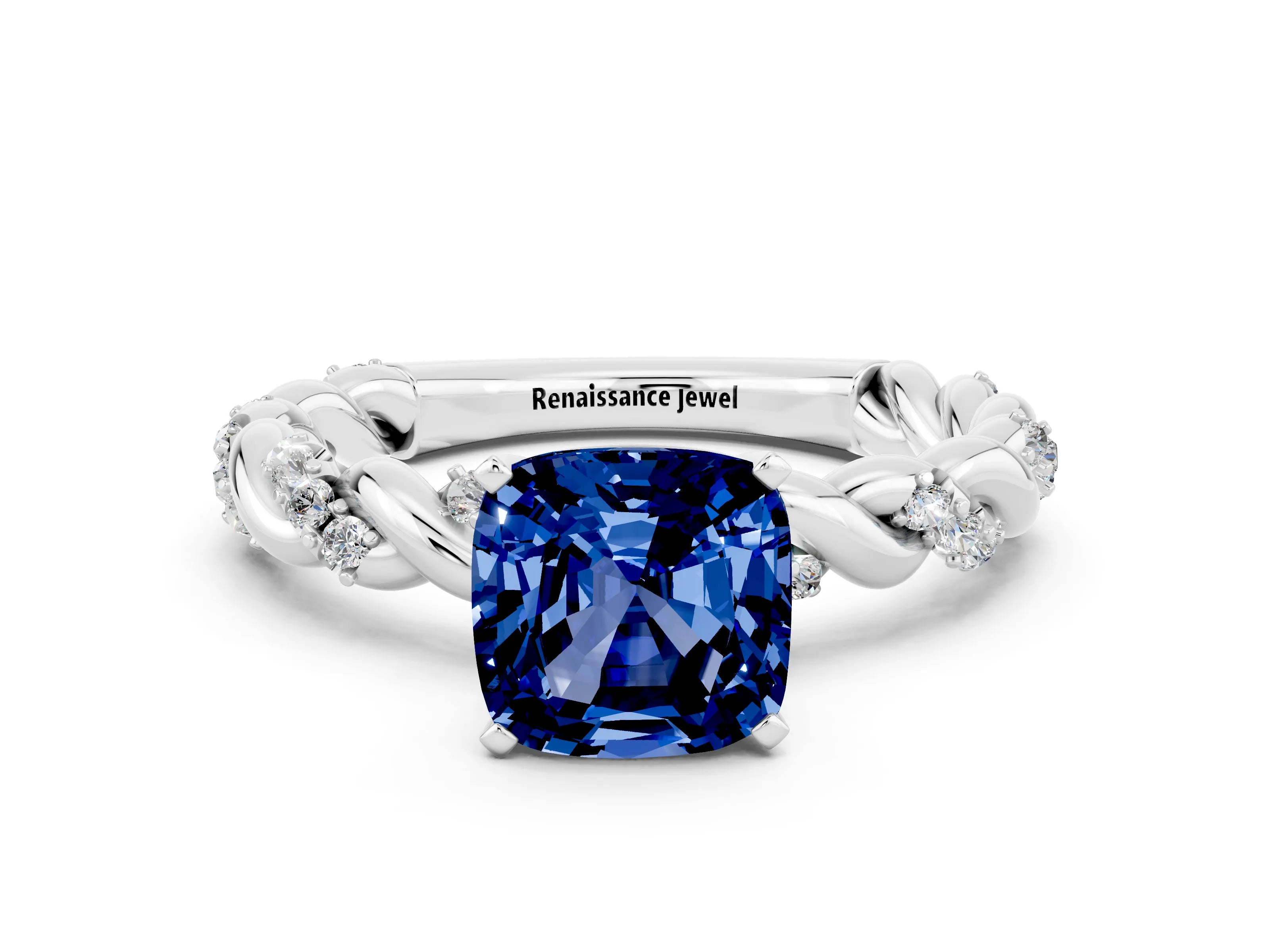 White gold Cushion Cut Blue Sapphire Solitaire Ring with Twisted Band and Pavé Accents