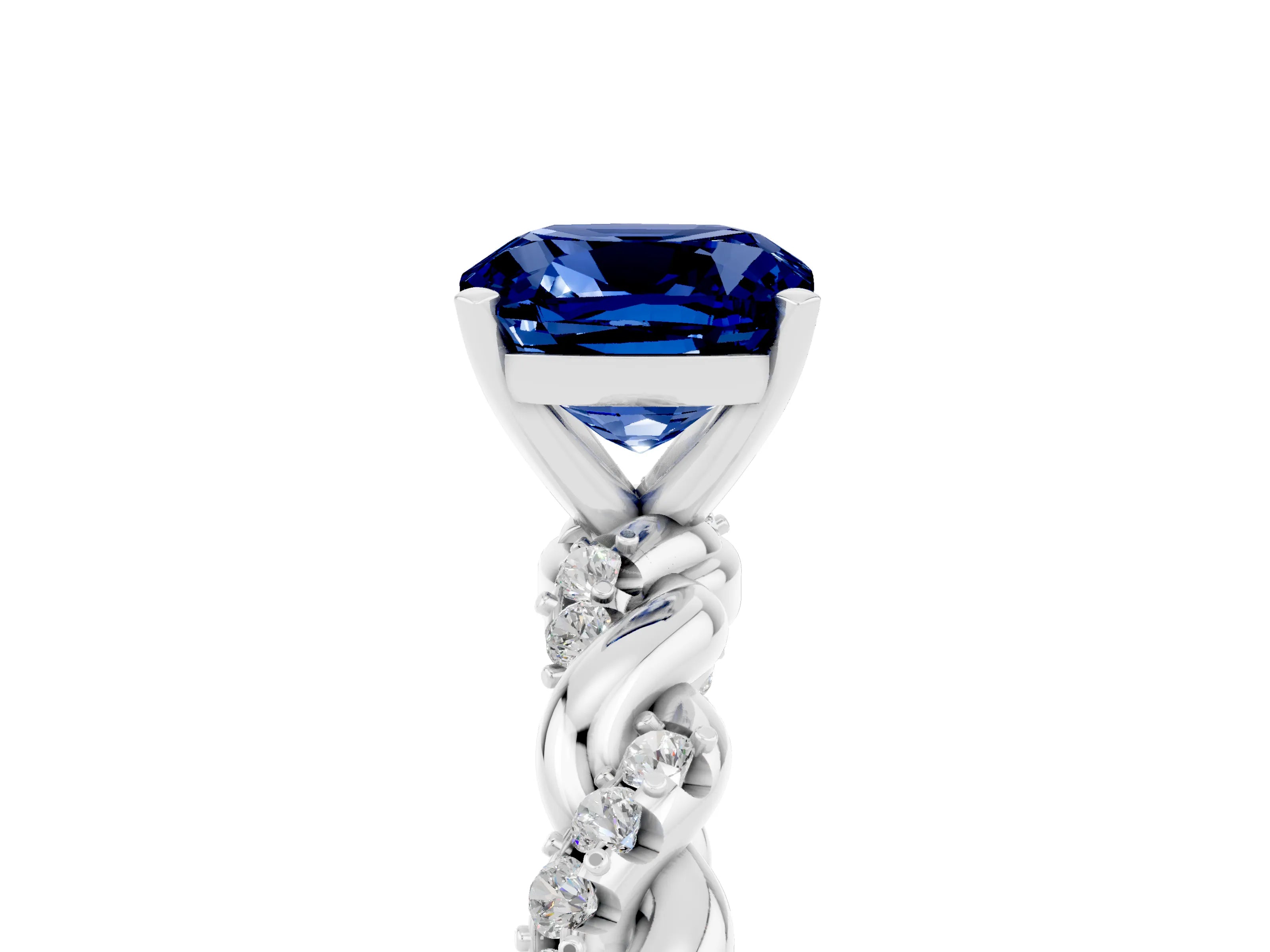 White gold Cushion Cut Blue Sapphire Solitaire Ring with Twisted Band and Pavé Accents_5