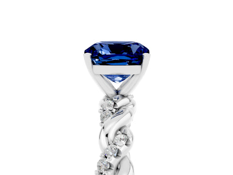 White gold Cushion Cut Blue Sapphire Solitaire Ring with Twisted Band and Pavé Accents_5