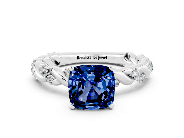 Silver Cushion Cut Blue Sapphire Solitaire Ring with Twisted Band and Pavé Accents