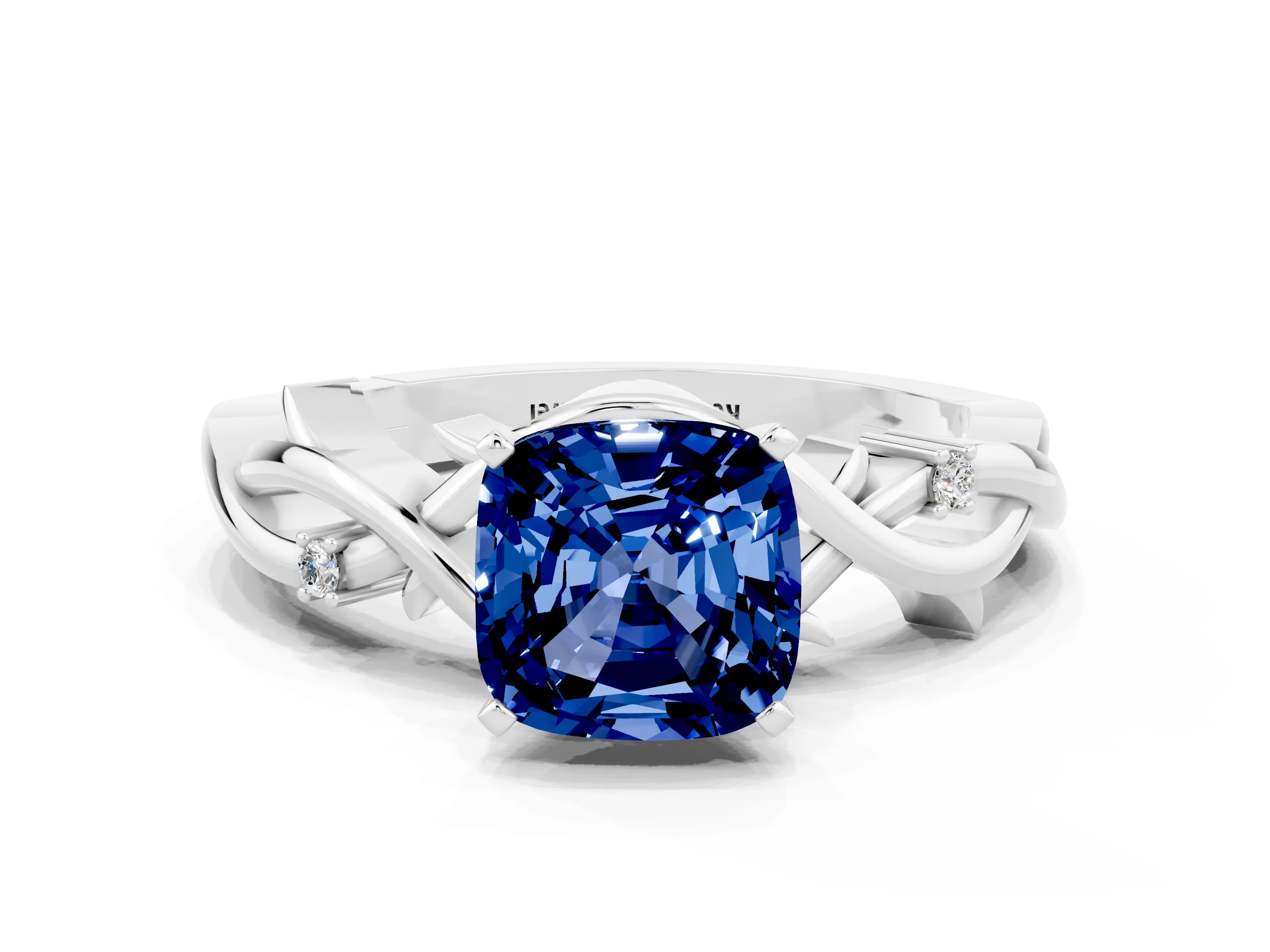 White gold Cushion Cut Blue Sapphire Solitaire Ring with Twisted Band and Prong Setting_12