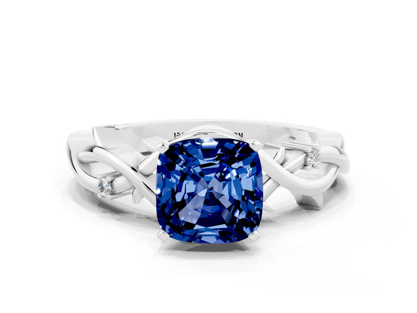 White gold Cushion Cut Blue Sapphire Solitaire Ring with Twisted Band and Prong Setting