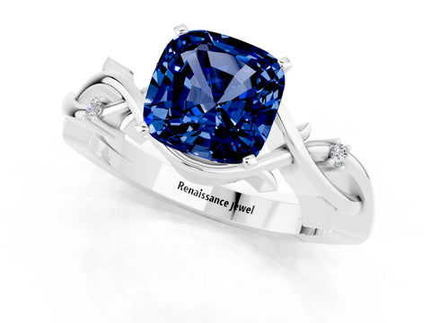 White gold Cushion Cut Blue Sapphire Solitaire Ring with Twisted Band and Prong Setting_13