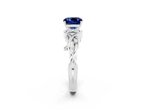 White gold Cushion Cut Blue Sapphire Solitaire Ring with Twisted Band and Prong Setting_14