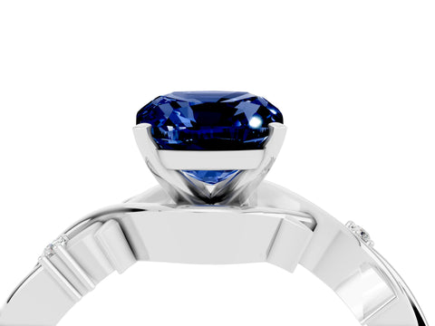 White gold Cushion Cut Blue Sapphire Solitaire Ring with Twisted Band and Prong Setting_16