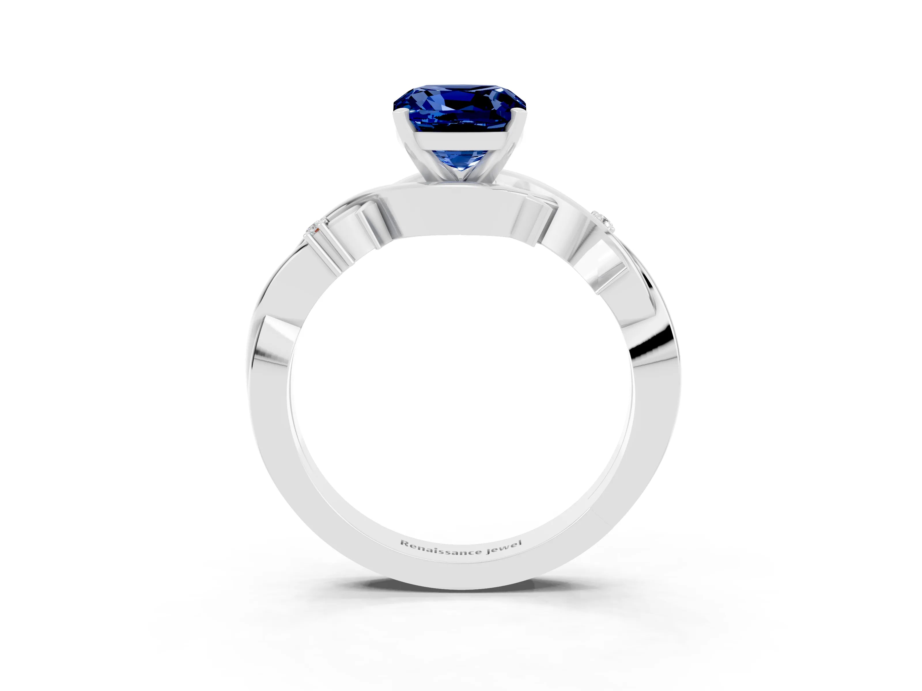 White gold Cushion Cut Blue Sapphire Solitaire Ring with Twisted Band and Prong Setting_3