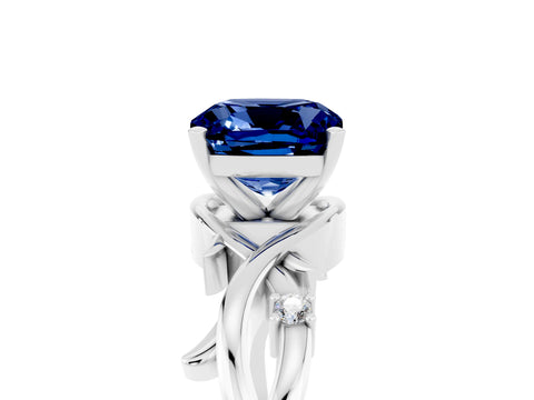 White gold Cushion Cut Blue Sapphire Solitaire Ring with Twisted Band and Prong Setting_5