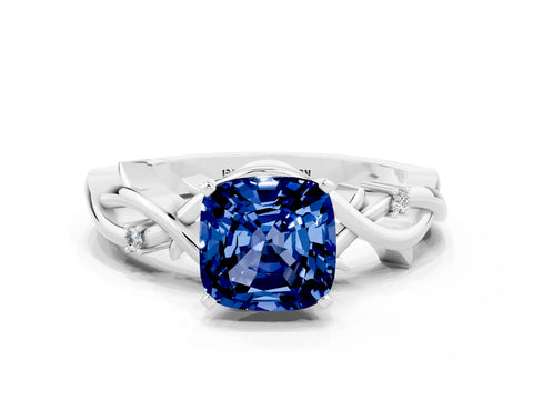 White gold Cushion Cut Blue Sapphire Solitaire Ring with Twisted Band and Prong Setting