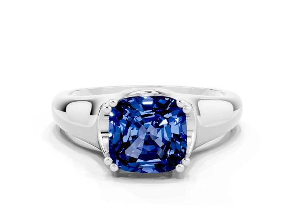 Platinum Cushion Cut Blue Sapphire Solitaire Ring with Wide Band and Prong Setting