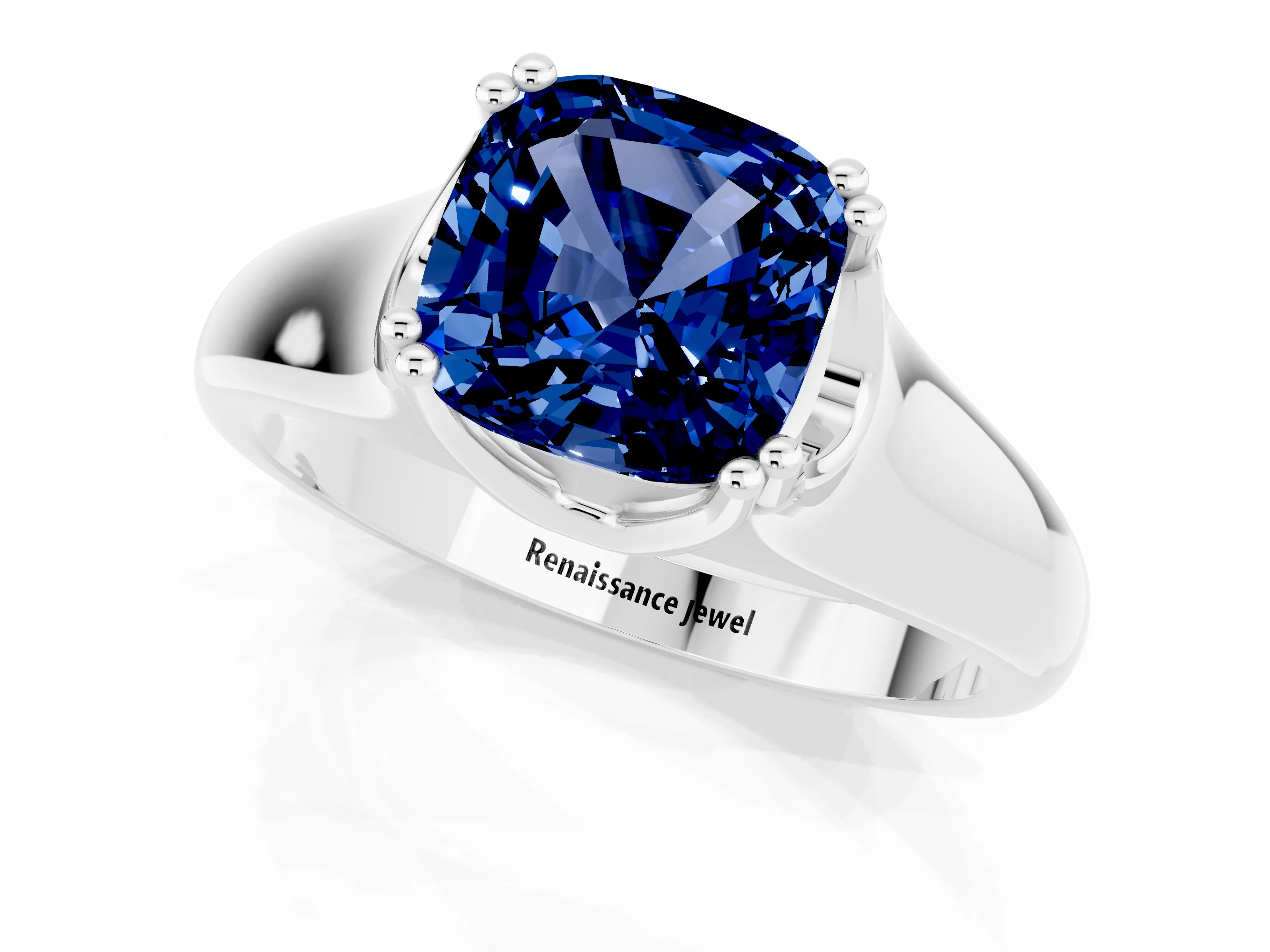 White gold Cushion Cut Blue Sapphire Solitaire Ring with Wide Band and Prong Setting_1