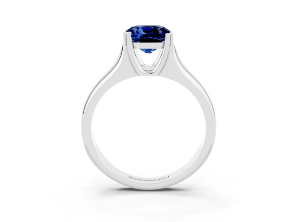White gold Cushion Cut Blue Sapphire Solitaire Ring with Wide Band and Prong Setting