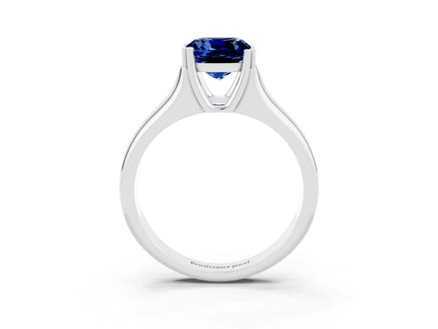 White gold Cushion Cut Blue Sapphire Solitaire Ring with Wide Band and Prong Setting_3