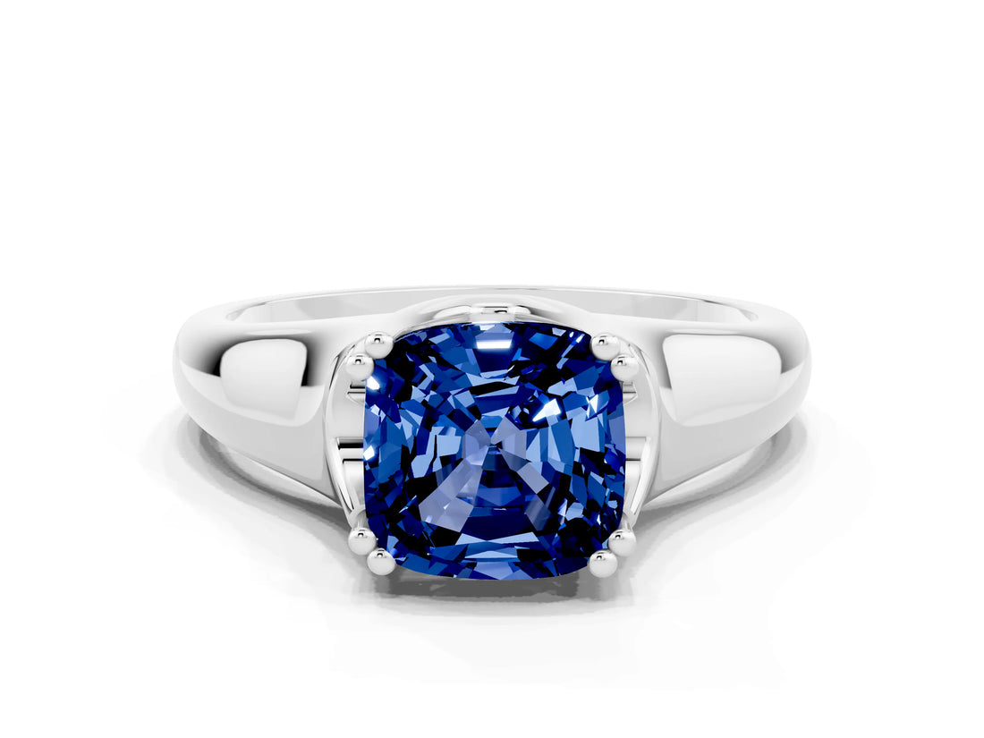 White gold Cushion Cut Blue Sapphire Solitaire Ring with Wide Band and Prong Setting