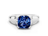 White gold Cushion Cut Blue Sapphire Solitaire Ring with Wide Band and Prong Setting
