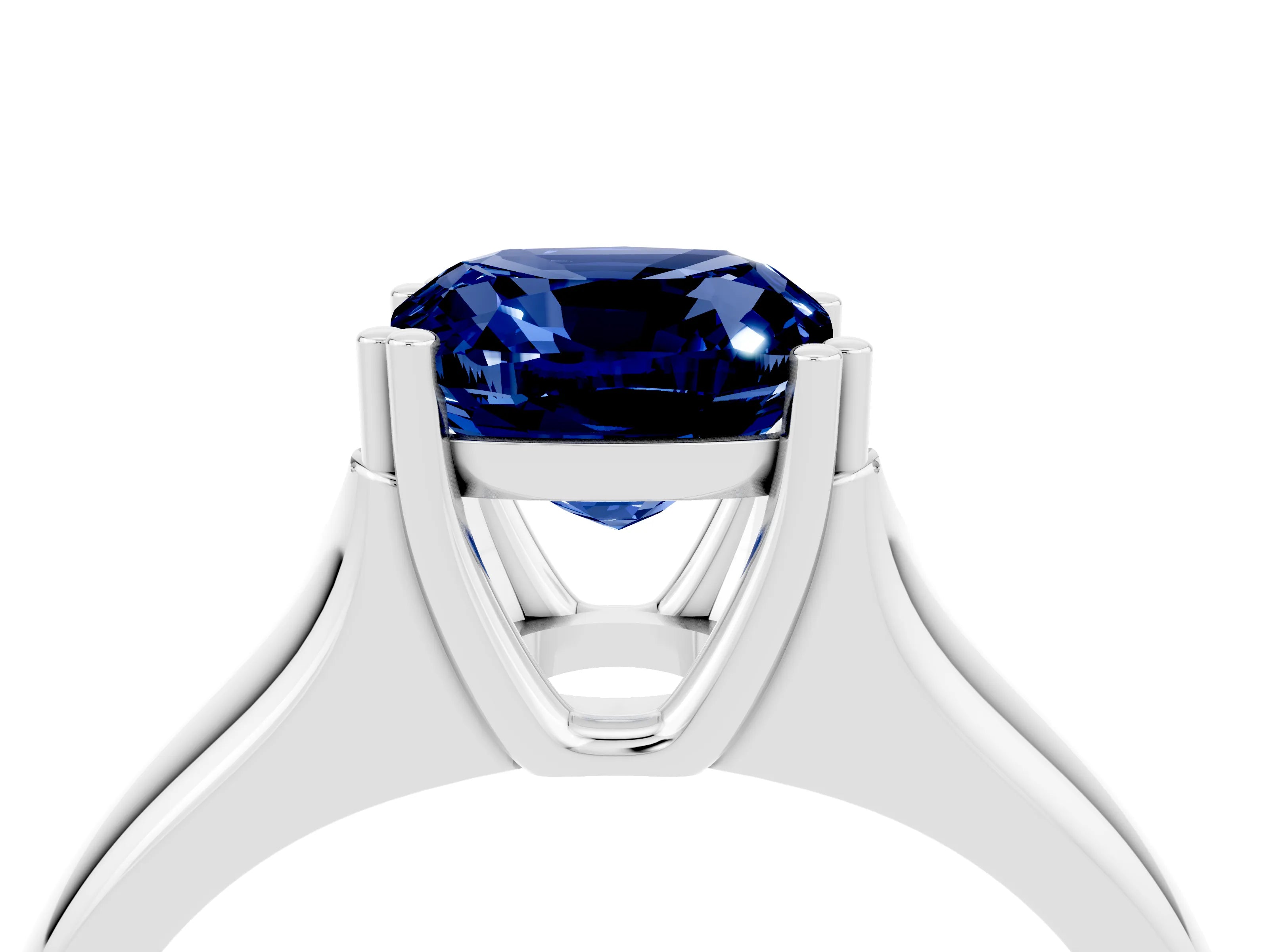 White gold Cushion Cut Blue Sapphire Solitaire Ring with Wide Band and Prong Setting_4
