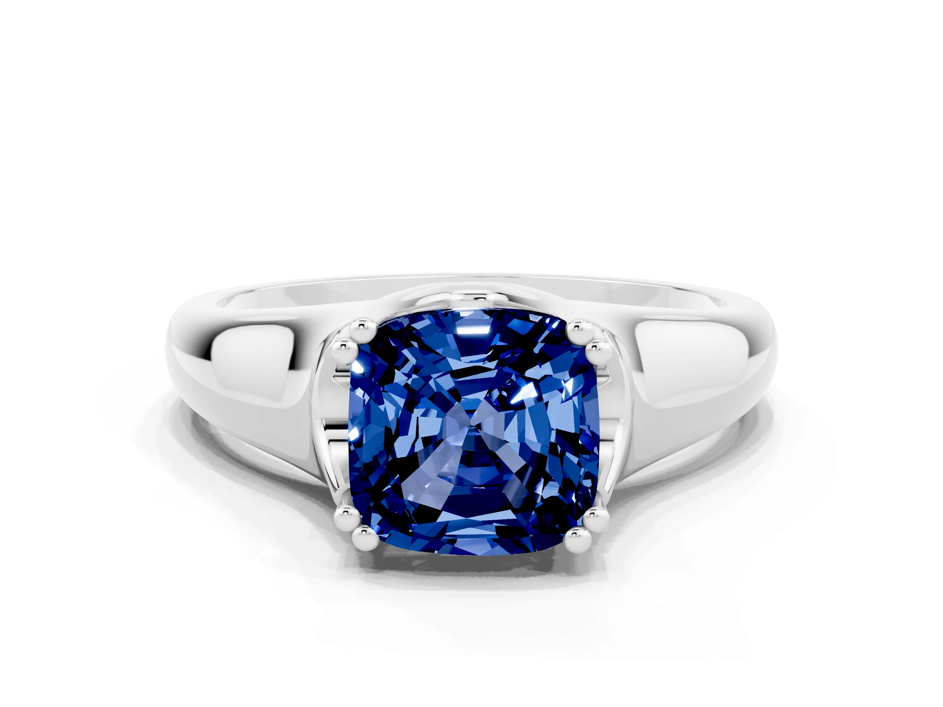 White gold Cushion Cut Blue Sapphire Solitaire Ring with Wide Band and Prong Setting