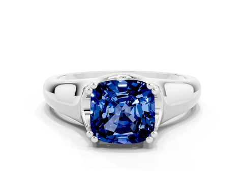 White gold Cushion Cut Blue Sapphire Solitaire Ring with Wide Band and Prong Setting