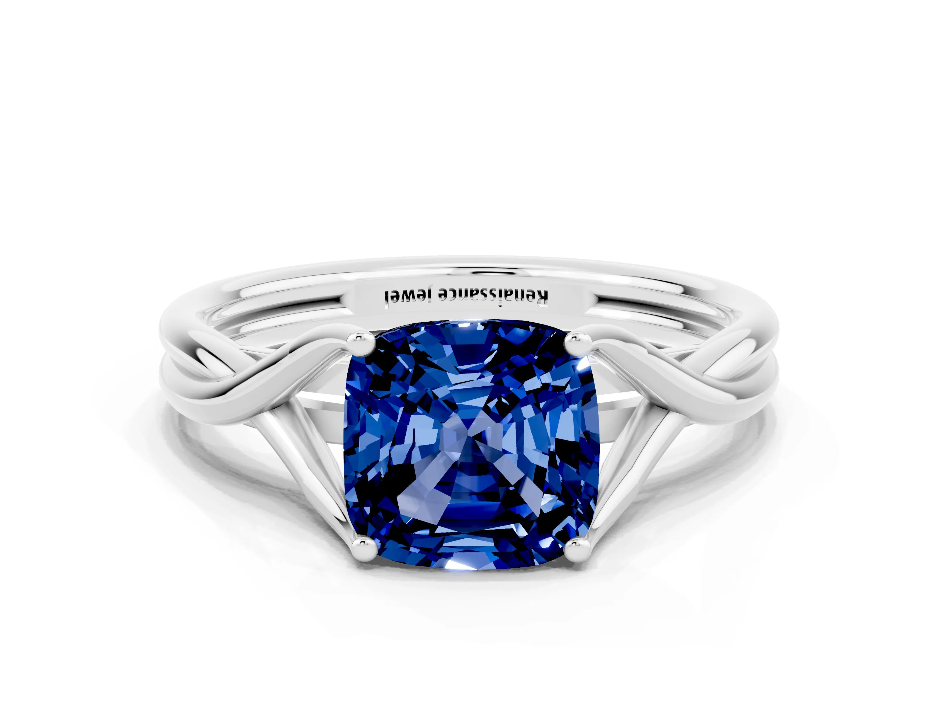 White gold Cushion Cut Blue Sapphire Solitaire Twist Band Prong Setting Ring_60