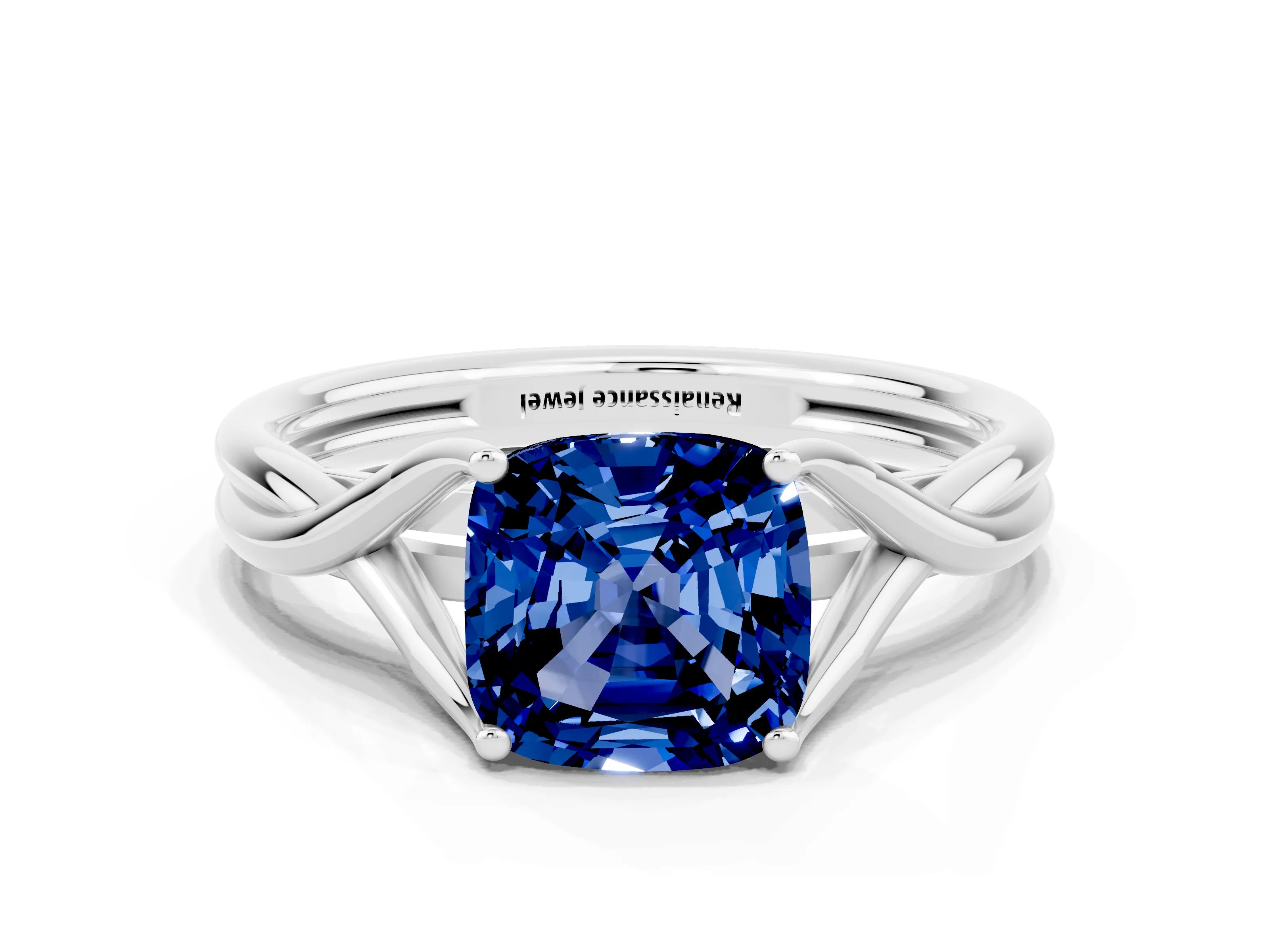 White gold Cushion Cut Blue Sapphire Solitaire Twist Band Prong Setting Ring_66