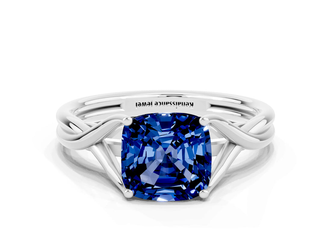 White gold Cushion Cut Blue Sapphire Solitaire Twist Band Prong Setting Ring_66