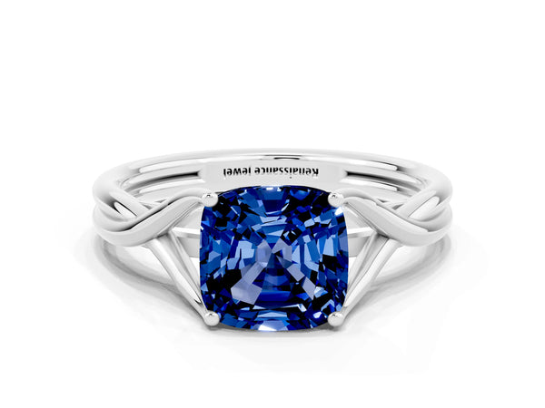 Platinum Cushion Cut Blue Sapphire Solitaire Twist Band Prong Setting Ring