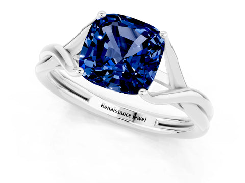 White gold Cushion Cut Blue Sapphire Solitaire Twist Band Prong Setting Ring_68