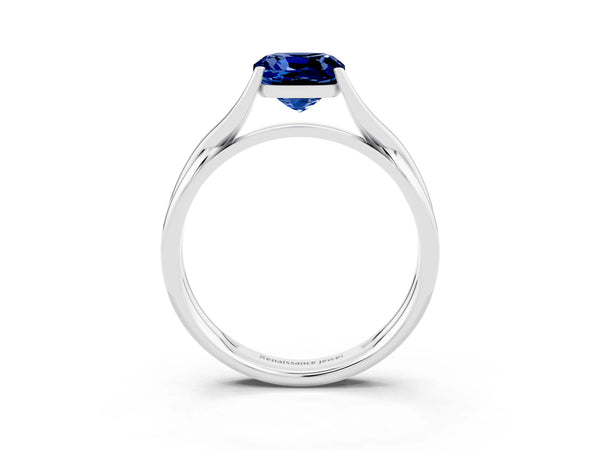 Platinum Cushion Cut Blue Sapphire Solitaire Twist Band Prong Setting Ring