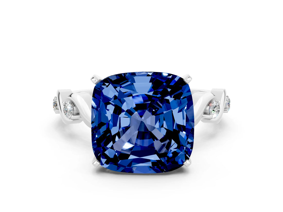White gold Cushion Cut Blue Sapphire Solitaire Twisted Band with Round  Accents and Prong Setting_12