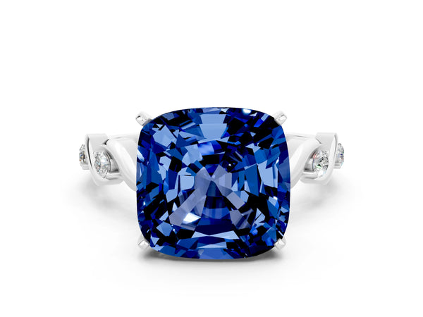 Silver Cushion Cut Blue Sapphire Solitaire Twisted Band with Round  Accents and Prong Setting