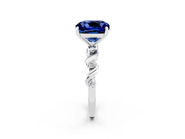 Platinum Cushion Cut Blue Sapphire Solitaire Twisted Band with Round  Accents and Prong Setting