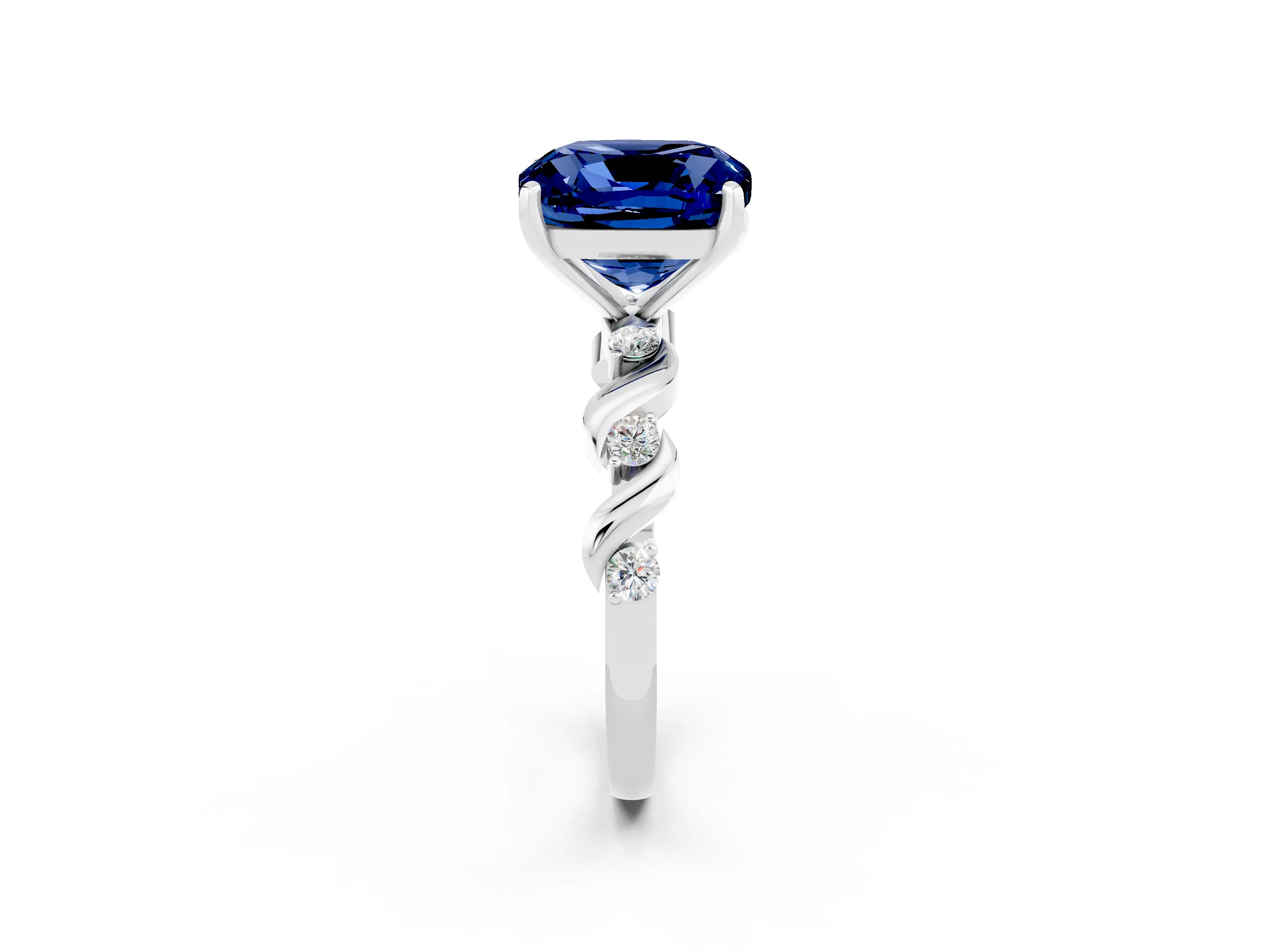 White gold Cushion Cut Blue Sapphire Solitaire Twisted Band with Round  Accents and Prong Setting_14