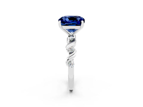 White gold Cushion Cut Blue Sapphire Solitaire Twisted Band with Round  Accents and Prong Setting_14