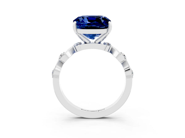 White gold Cushion Cut Blue Sapphire Solitaire Twisted Band with Round  Accents and Prong Setting