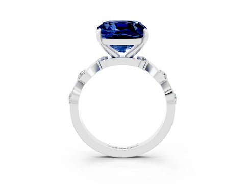 White gold Cushion Cut Blue Sapphire Solitaire Twisted Band with Round  Accents and Prong Setting_15
