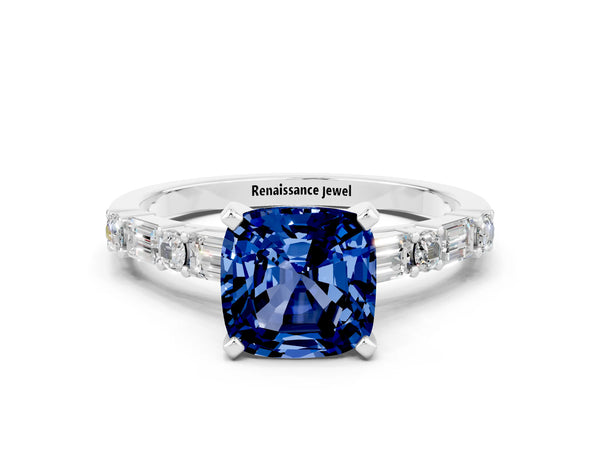 Platinum Cushion Cut Blue Sapphire Solitaire with Side Baguettes and Channel Set Band