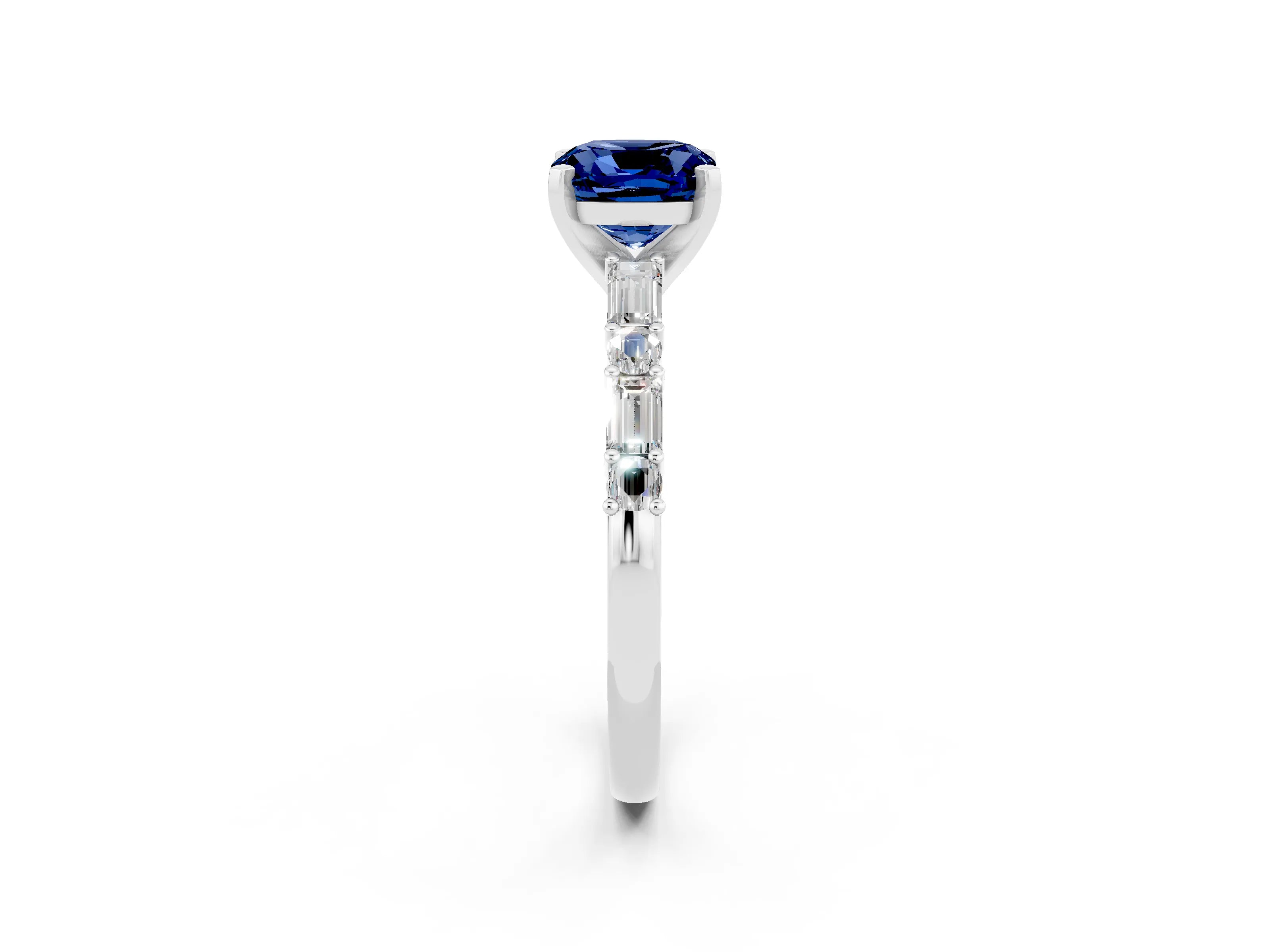 White gold Cushion Cut Blue Sapphire Solitaire with Side Baguettes and Channel Set Band_2